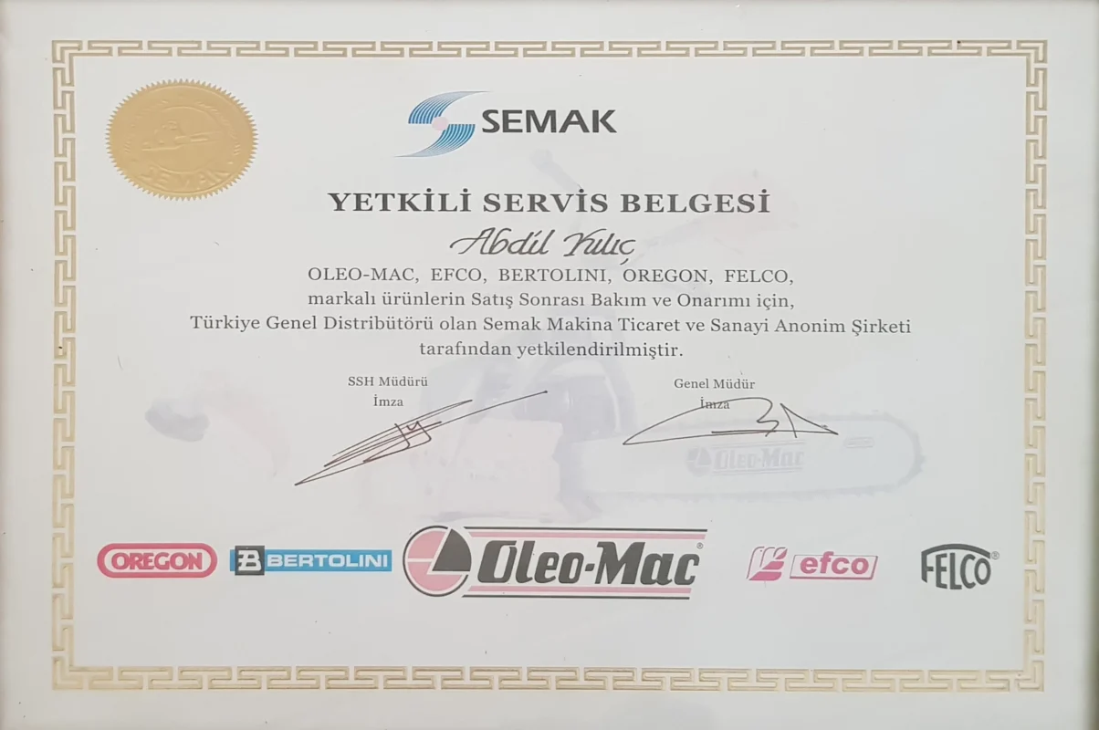 Kılıç Motor Yetkili Satıcı ve Servis Belgeleri (1)